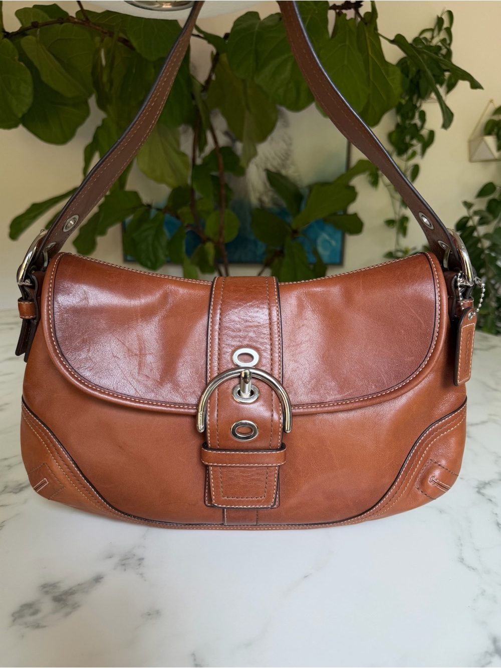 Coach Vintage Y2K Soho Medium Buckle Flap Shoulder Bag British Tan Silver F1019